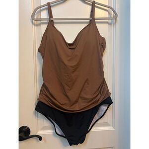 Aidonger Womens 2XL Brown Black Ruched Cowl Neck One Piece Swimsuit NWT